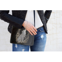 Crossbody leren tas zwart Wolf goud/zilver| BellaMagio | verwisselbaar front | Sjamaan heksentas